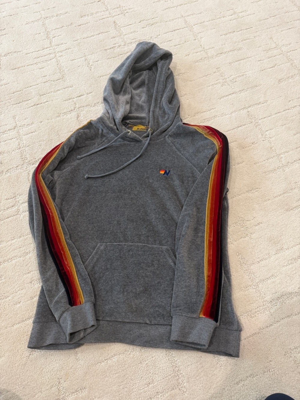 Aviator Nation Gray Velour Pullover Hoodie with Red-Yellow Stripe Sleeves